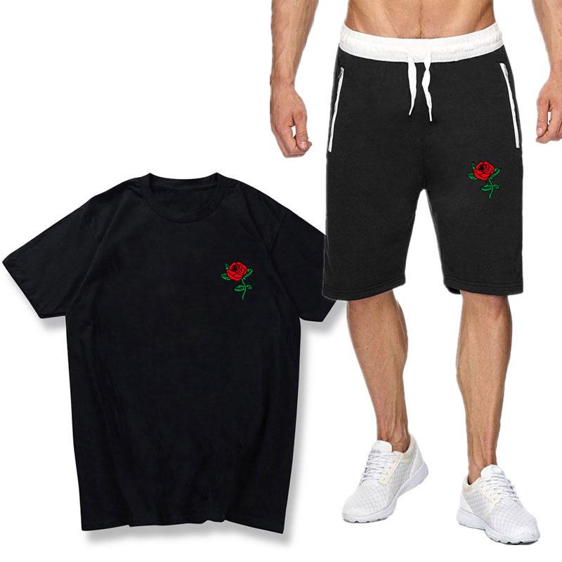 

Men' Tracksuits Men' Men Cool Summer TShirt Tracksuit Two Piece Set Casual Short Sleeve Tops And Middle Shorts Rose Print Sets, Black b