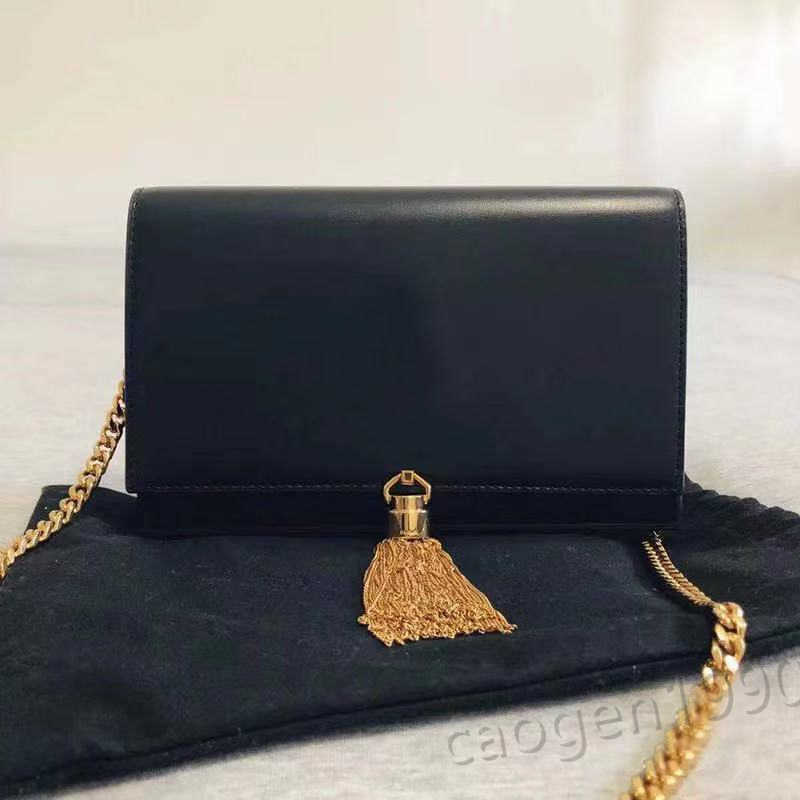 

Cosmetic Bags Cases 2021 tassel messenger bag classic handbag luxury design ladies one shoulder chain leather fashion retro with box, Black golden logo