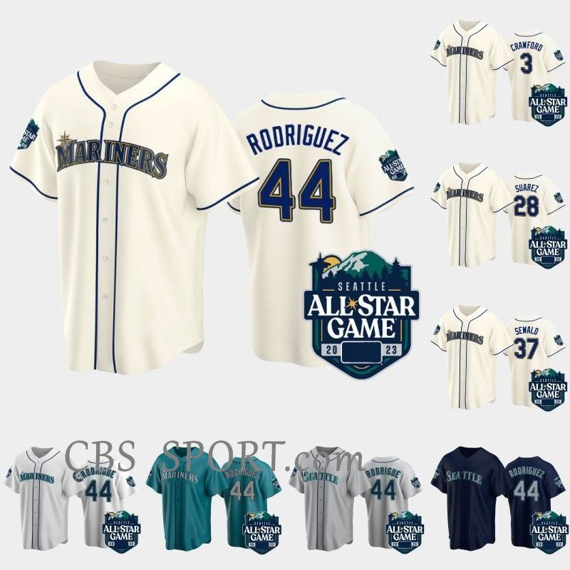 

Seattle 44 Julio Rodriguez Mariners 2023 All-Star Game Jersey J.P. Crawford Adam Frazier Jesse Winker Eugenio Suarez Cal Raleigh Paul Sewald, As picture/nk logo