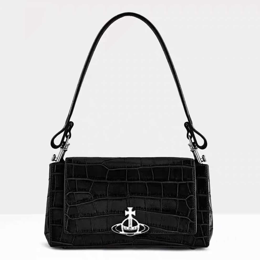 

Designer vivian bag Cowhide One Shoulder Underarm Bag Dowager Crocodile Pattern Women's hazel Saturn Bag, Black crocodile pattern spot second hair