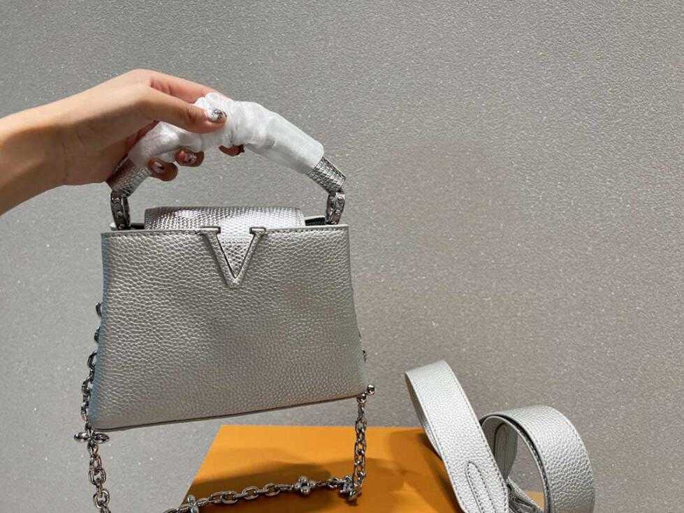 

TZ Ladies Silver Pure Leather Tote Bag Brand lizard vein Handbag Capucines mini chain design sense Super cool top layer cowhide wi3073664, Multi