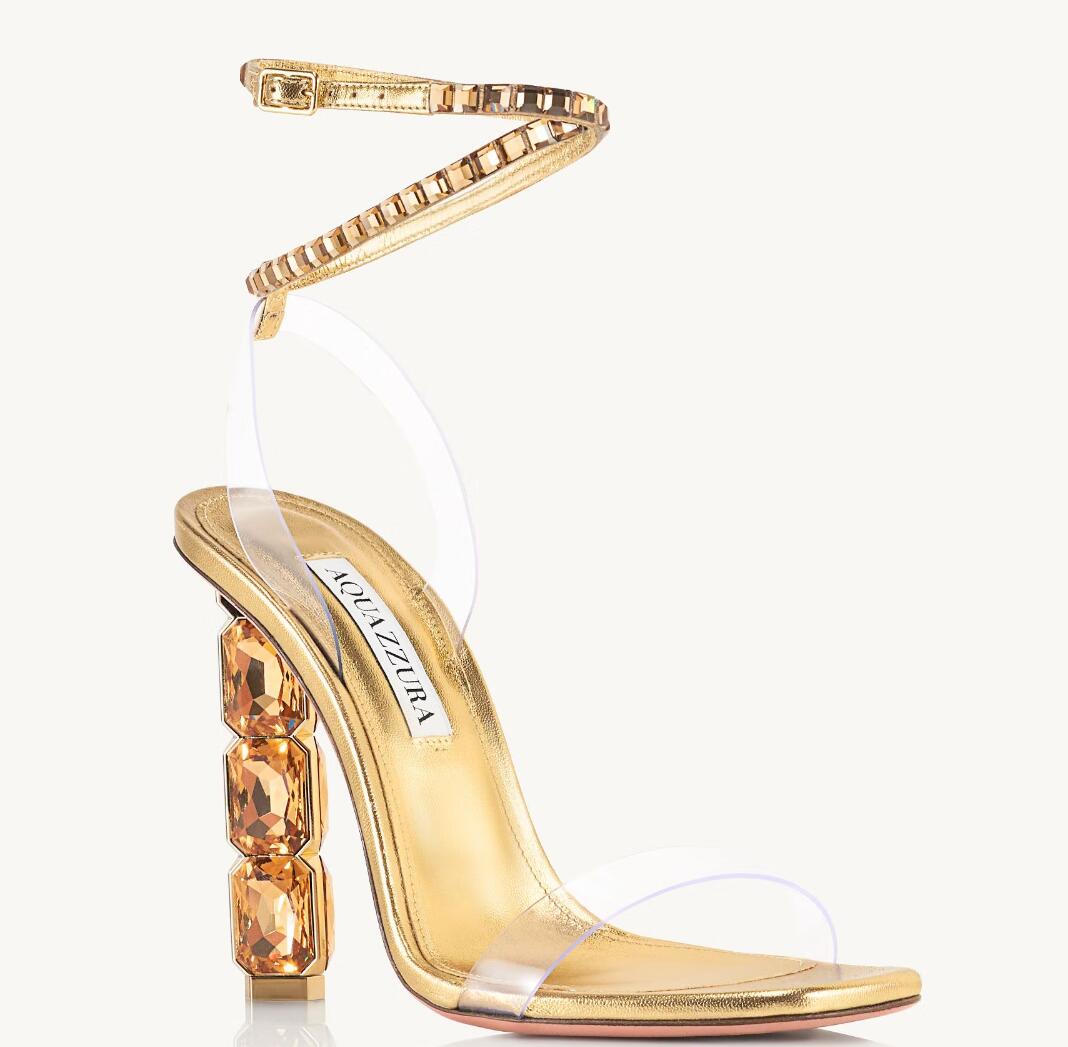 

Fashion Designer Brand High heels women Shoes Aquazzuras Aura Plexi Sandal straps Shoes lady wedding shoess thin Party With Box