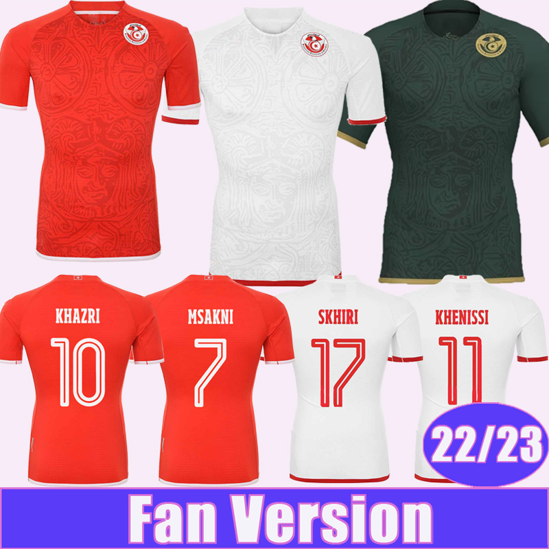 

22 23 Tunisia National Team Mens Soccer Jerseys MSAKNI HANNIBAL MAALOUL SLITI KHENISSI Home Red Away 3rd Football Shirts Short Sleeve Aldult Uniforms, Qm9867 22 23 away f..a world patch