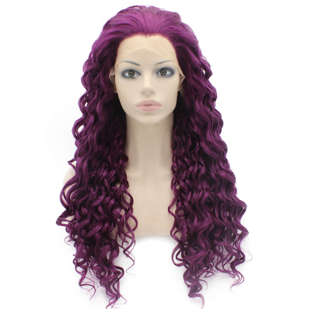 

26" Extra Long Grape Purple Curly Wig Heat Friendly Synthetic Hair Lace Front