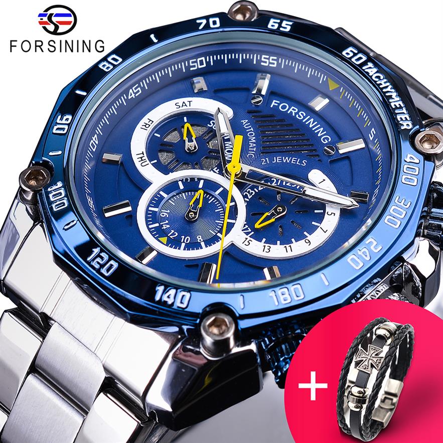 

Forsining Watch Bracelet Set Combination Blue Calendar 3 Dials Silver Stainless Steel Automatic Mechanical Watches Men's Cl209F, Black