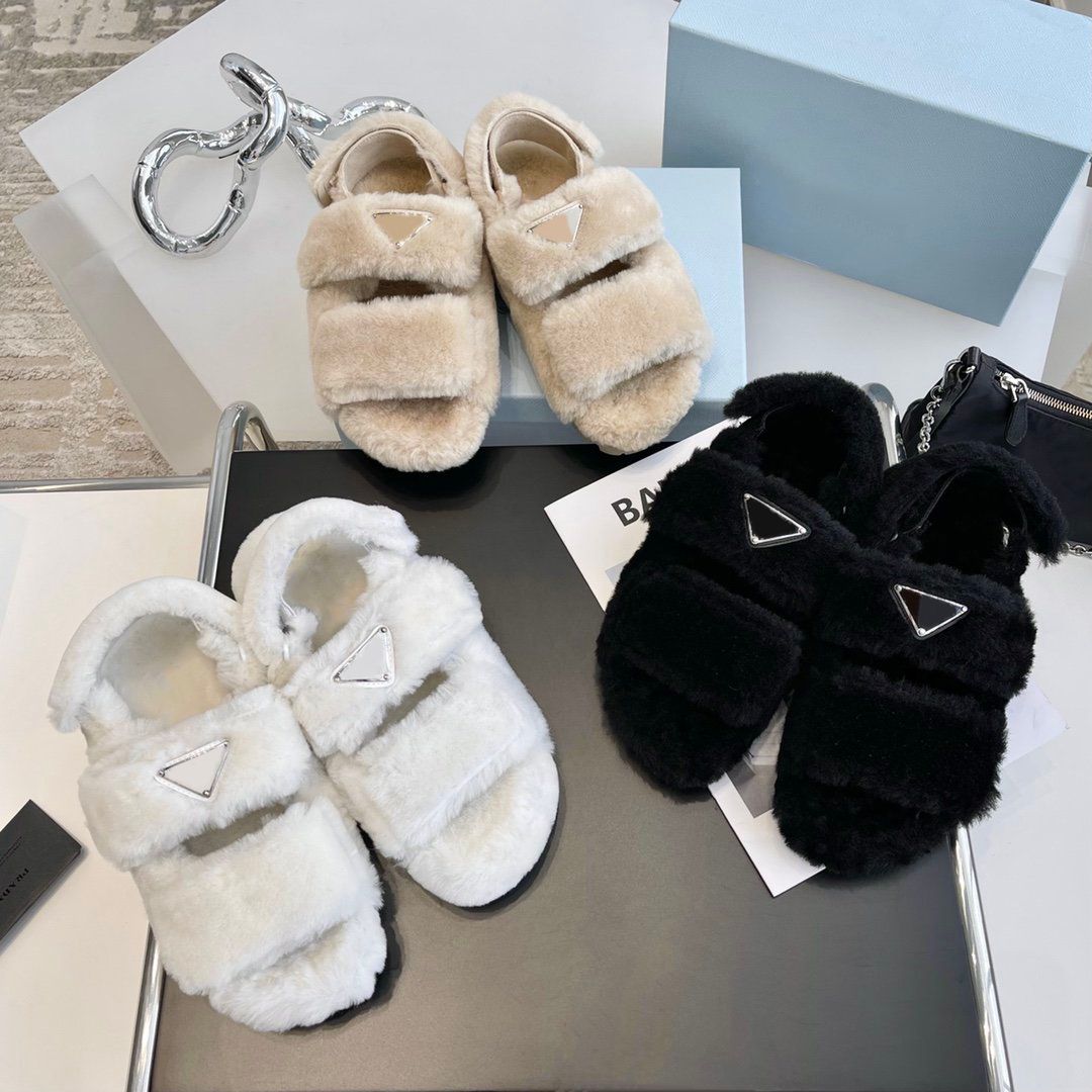 

Women's Slippers Lamb Wool Series Slippers Custom Painted Enamel Metal Triangle Logo With Box, As picture 2