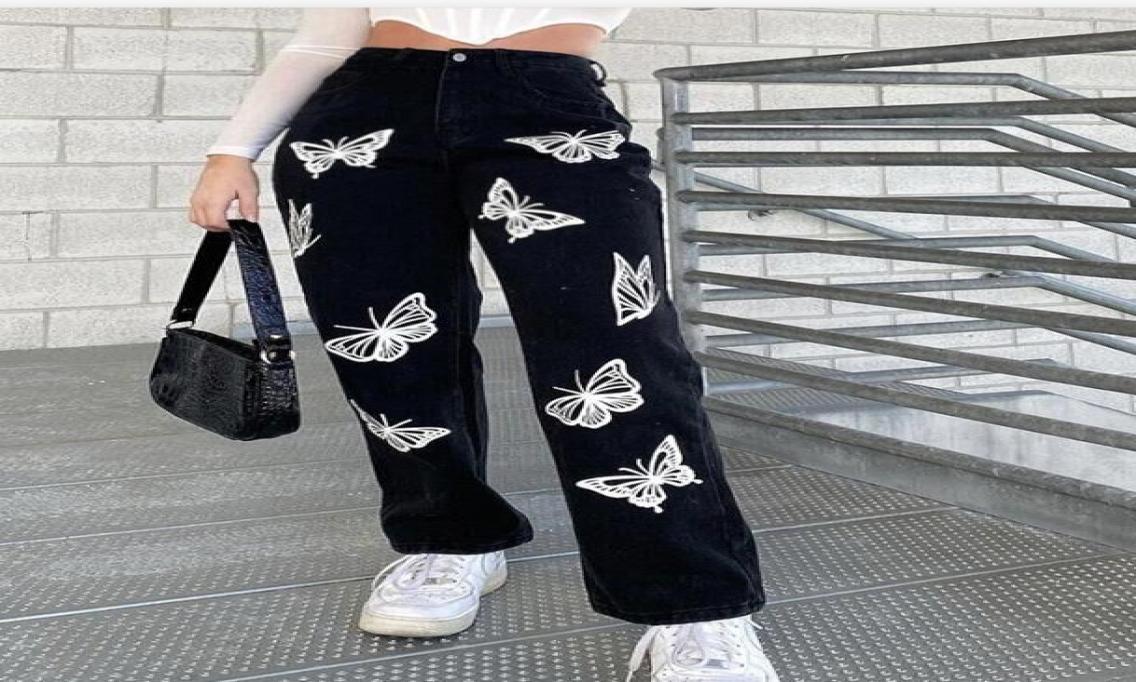 

Women039s Jeans Hirigin Baggy Women Butterfly Print Aesthetic Denim Pants Fashion High Waist Straight Long Trousers Ladies Stre9241715, Black