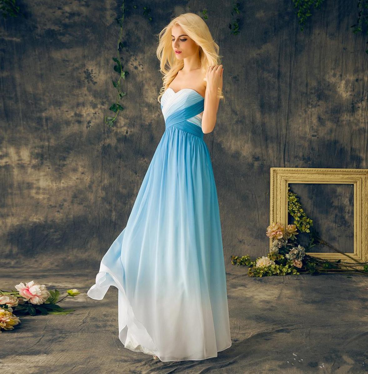 

2019 Blue Ombre Prom Dresses Sweetheart Chiffon Lace Up Back Long Floor Length Gradient Evening Party Dresses Graduation Gowns Cus1958759, Sage