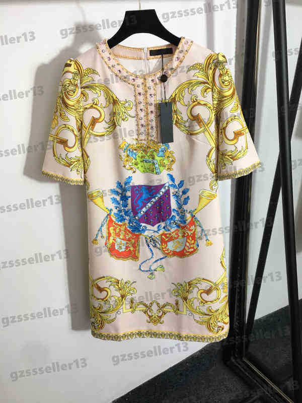 Luxury Designer Dress Brand Womens Apparel Ves Diamond-embellished Vintage Flower Print Short-sleeve Shift Dresses Women Clothing-image-822986172