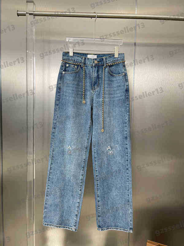 

Fashion Womens Jeans CNL Knee Embroidered Logo Jeans Metal Chain Denim Cotton Straight-leg Pants Luxury Designer Women Clothing