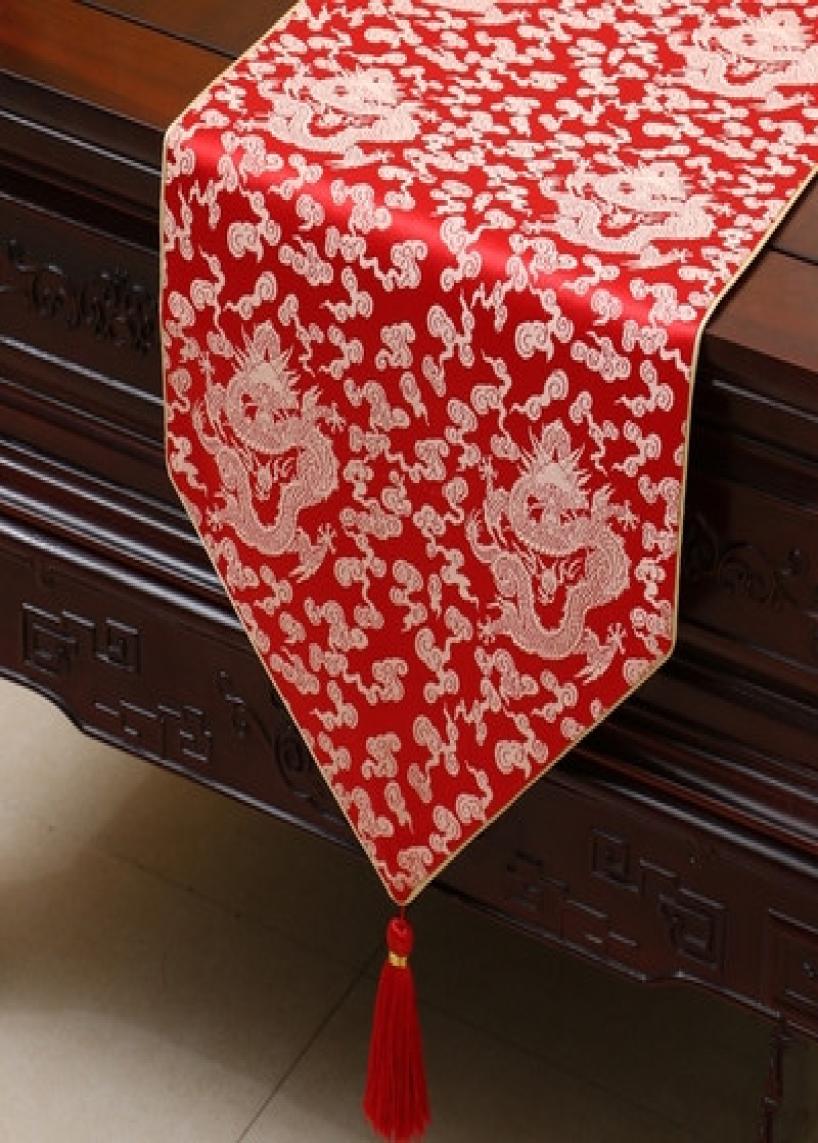 

Extra Long 120inch Ethnic Dragon Table Runner Luxury High Quality Chinese style Silk Brocade Dining Room Table Cloth Protective Pa
