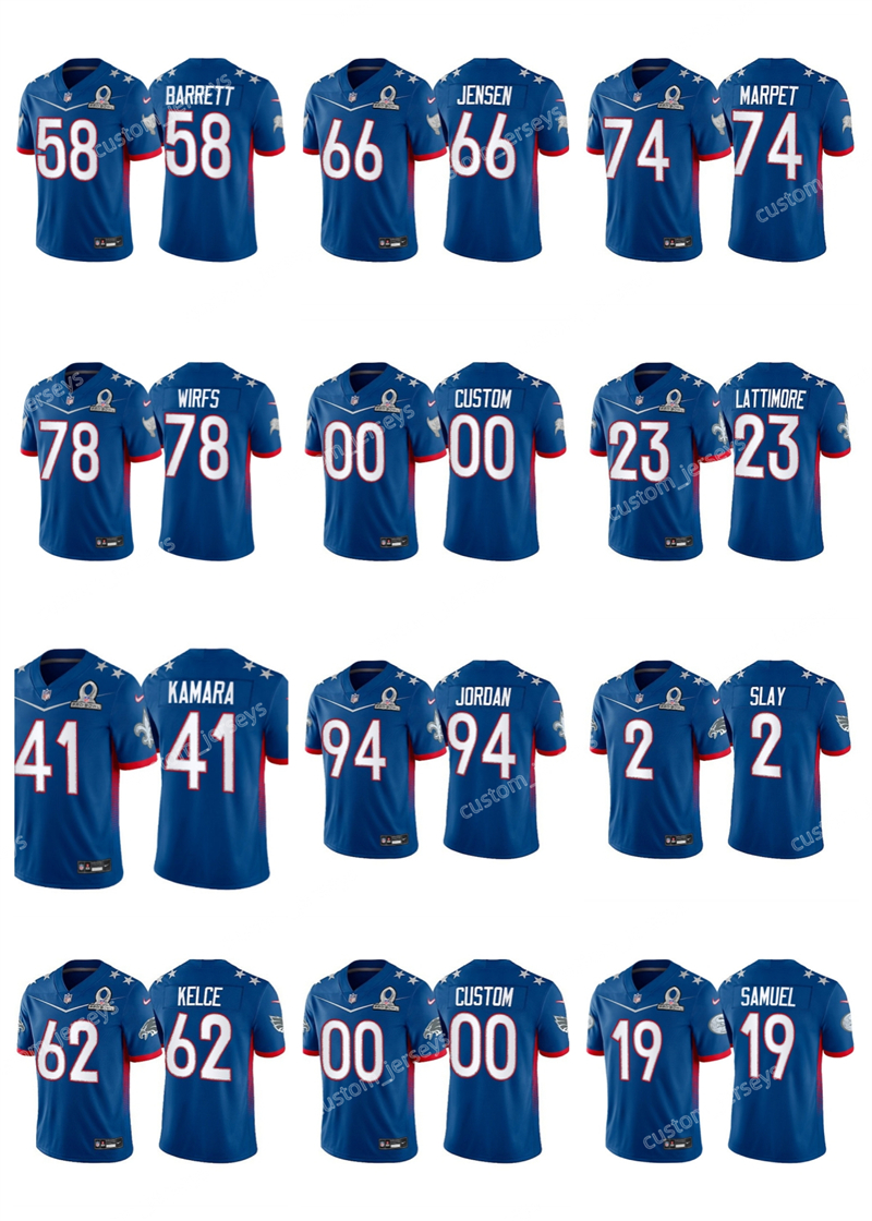 

Custom 23 Lattimore 41 Kamara 2 Slay 62 Kelce 19 Samuel 44 Juszczyk 71 Williams 85 Kittle 97 Bosa 2022 NFC Pro Bowl Stitched''NFL''Football Jersey, 15