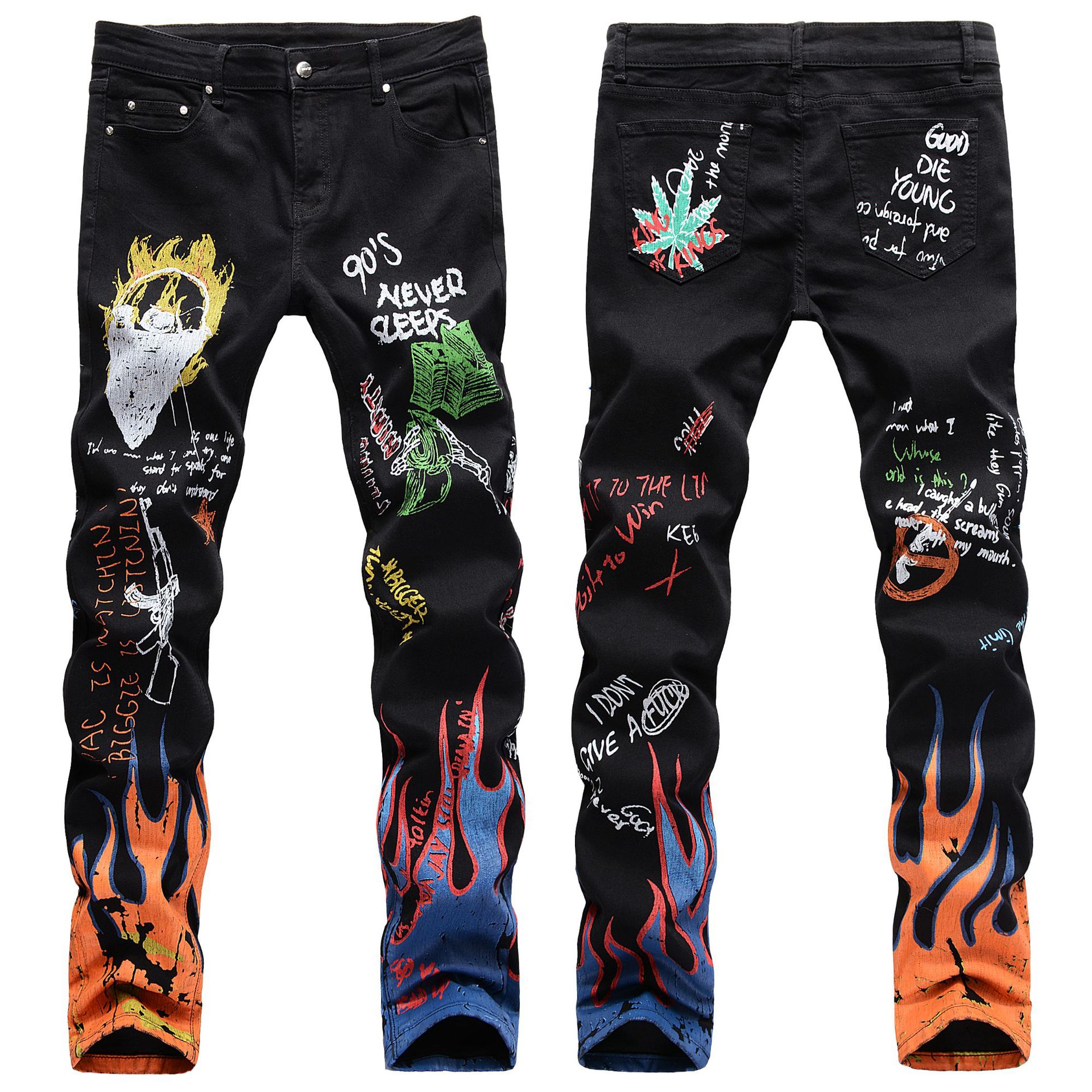 

American Street Style Fashion Men Jean White Black Slim Fit Designer Printed Elastic Punk Pants Hip Hop Jeans Homm Lgbt, 04
