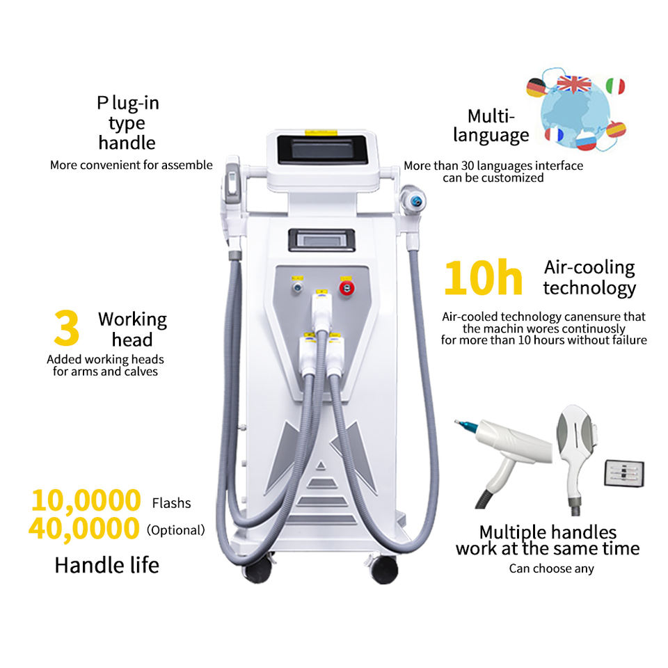 3 Handles Ipl Laser Hair Removal Dark Spot Removal High Quality Laser Removal Tattoo Nd yag Pico Acne Treatment RF Beauty Salon