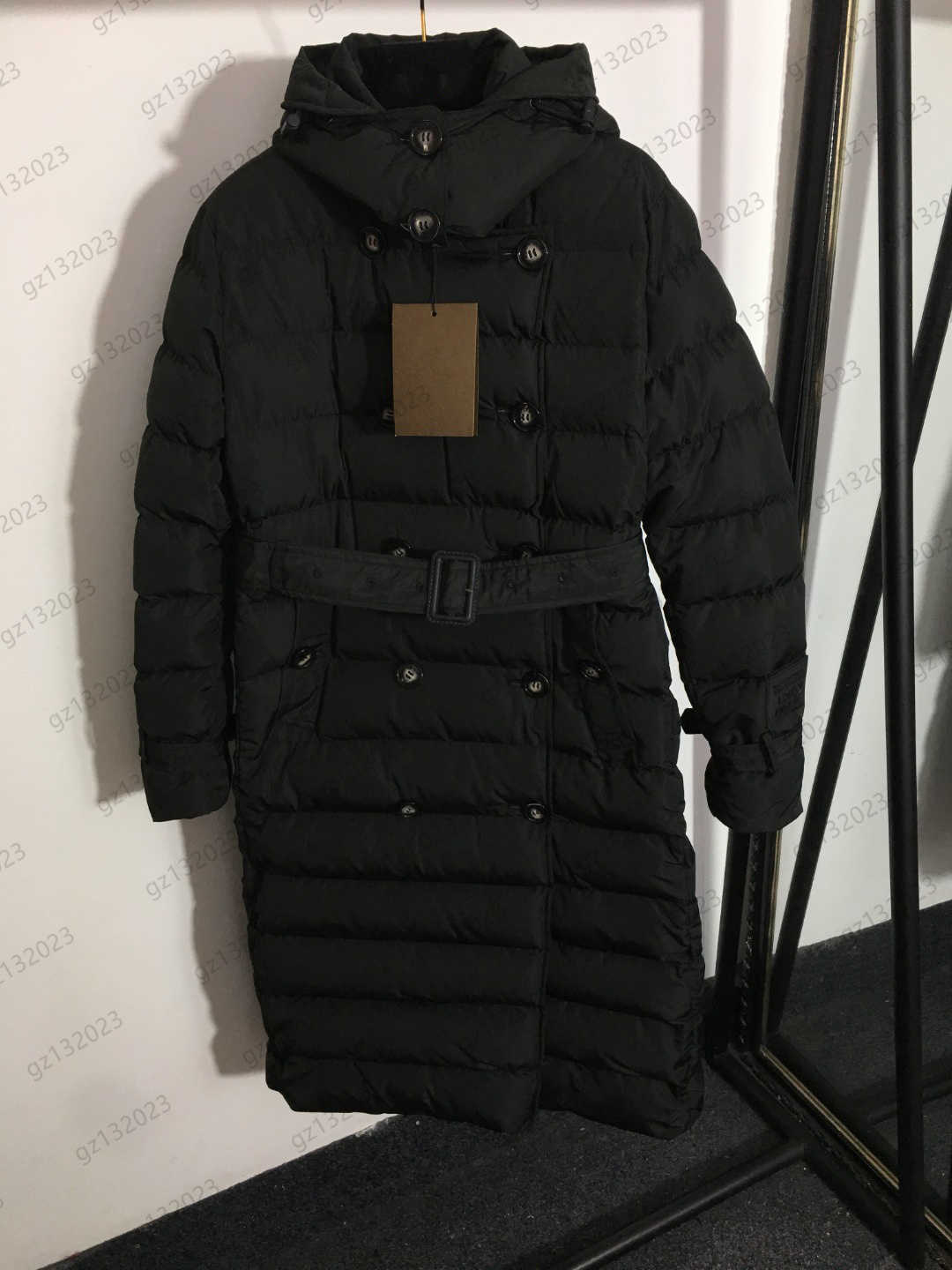 

Puffer Coat Womens Down Parkas Double Row Buttons Open Belt Waist Folding Removable Hooded Winter Coats Solid Color Stand Collar Medium Long Jacket Women Apparel