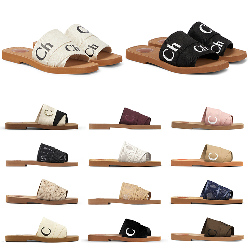 

2023 designer sandals for women Mules flat slides Light tan beige white black lace Lettering Fabric canvas slippers womens summer outdoor shoes