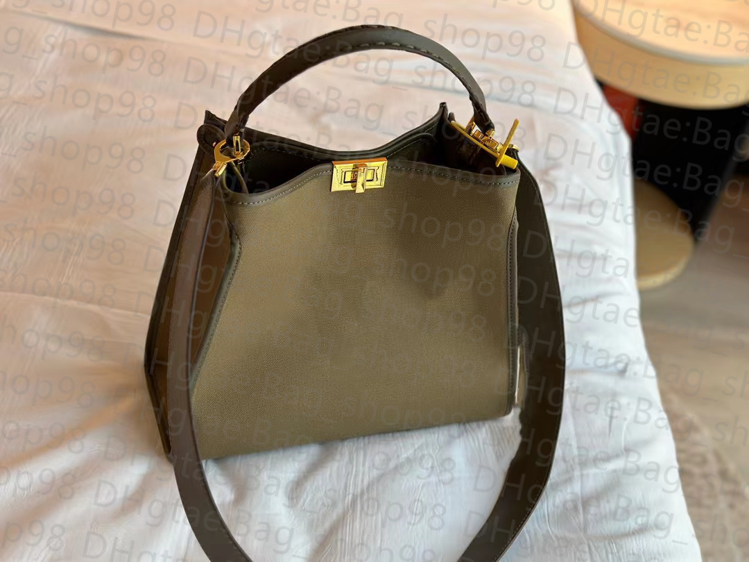 

7A Tote Women Bag Canvas handbag with quilted edge embroidery LOGO new cow leather shoulder strap metal label messenger bag large capacity buckle original designer, Army green