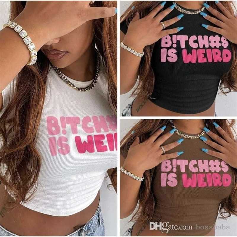 

2022 Summer Womens T-Shirt Ribbed Crop Tank Top Round Neck Short Sleeve Letter Print T shirt Fashion Streetwear Wome Clothes -XL, White02