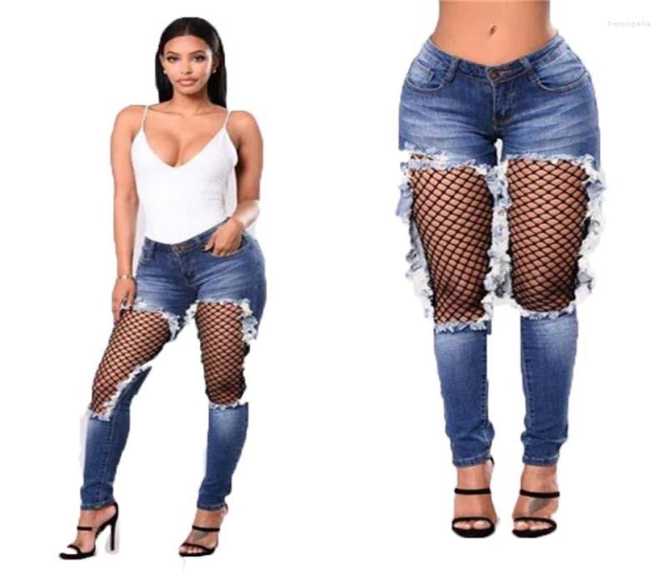 

Women039s Jeans Sexy Fishnet Patchwork Women Fashion High Waist Ripped Hole Denim Pants Female Skinny Tassel Distressed Streetw6890509, Blue