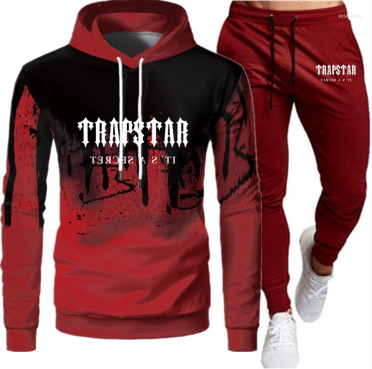 

Men' Tracksuits Tracksuit TRAPSTAR Brand Printed Sportswear Men Warm Two Pieces Set Loose Hoodie Sweatshirt Pants Jogging, Red-cs