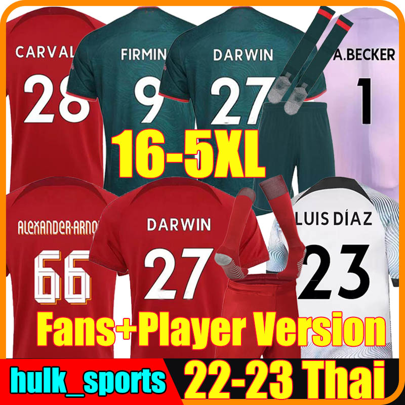 

5XL 22/23 season home away 3rd soccer jerseys DARWIN 2022 2023 Mohamed Diogo Luis DIaz football shirts men kids kit socks set Fabio Alexander Arnold fans player version, 22-23 home kit