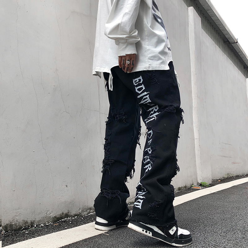 

Ripped Jean Hip Hop Man Pants Trends Clothes Letter Y2k Print Men's Streetwear Women's Flare Goth Harajuku Baggy Trendyol, Black