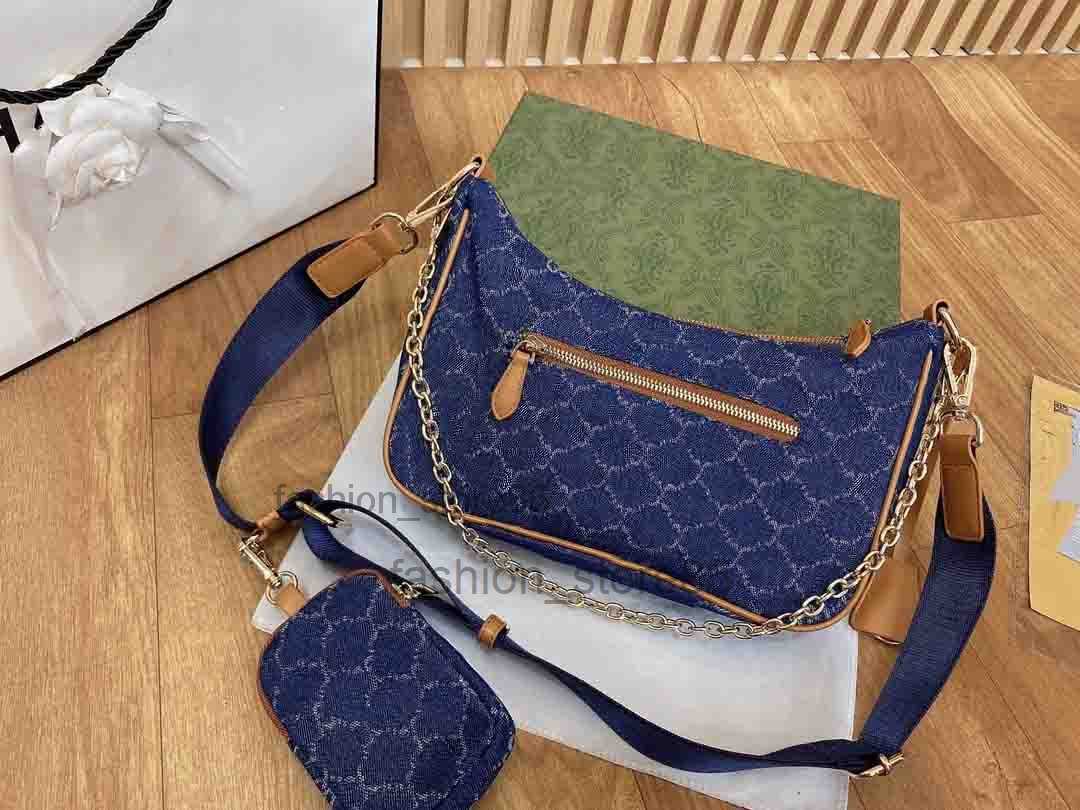 

evening bag 2pcs/set women shoulder bag With Coin Wallet Monograms Denim canvas Chest pack lady Tote chains handbags Double G Letters purse, Blue