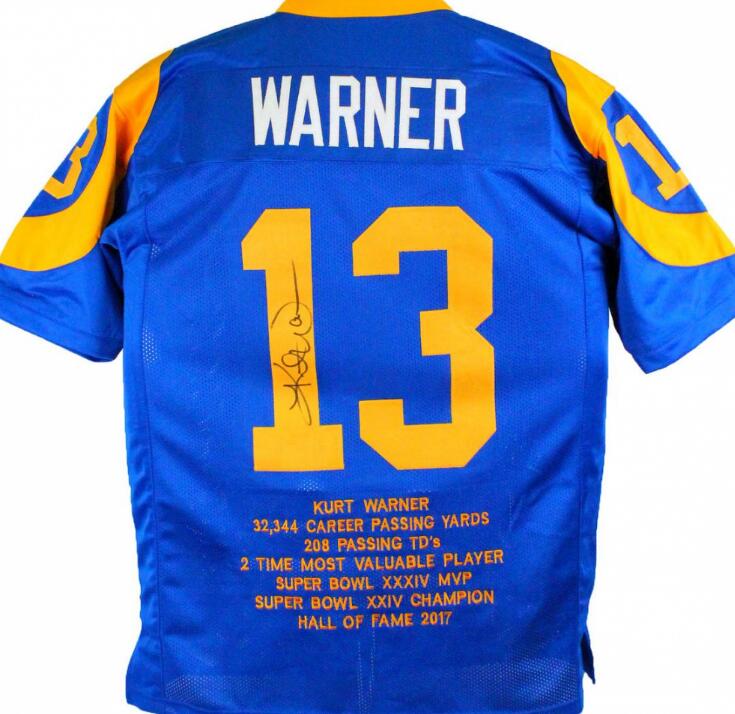 

Kurt Warner Jerseys Signed Autographed auto HOF MVP champions career highlight Stat achievments limited edition hall of fame jersey shirts, Gold