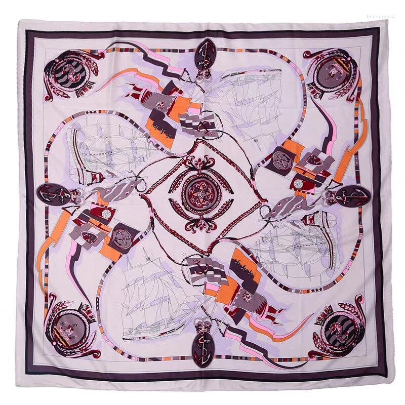 

Scarves 130x130 Fashion Silk Scarf Women Sailing Sailboat Print Square Towel Soft Twill Spring Shawl Heads