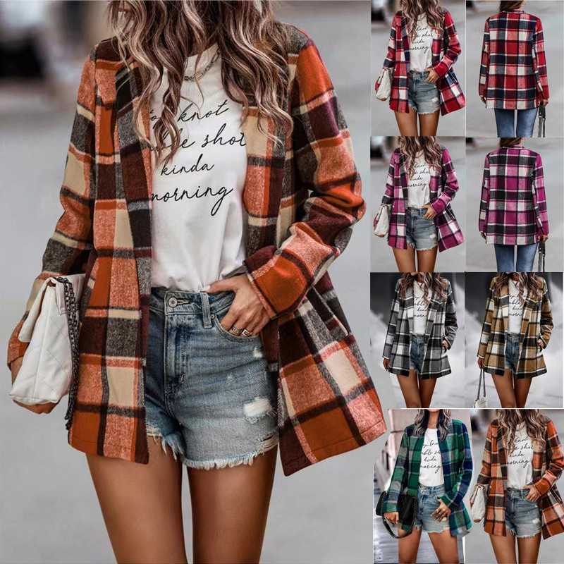 

Fall And Winter Womens Plaid Woolen Jacket Loose Print Long Sleeve Pocket Coat Cardigan Top, Orange