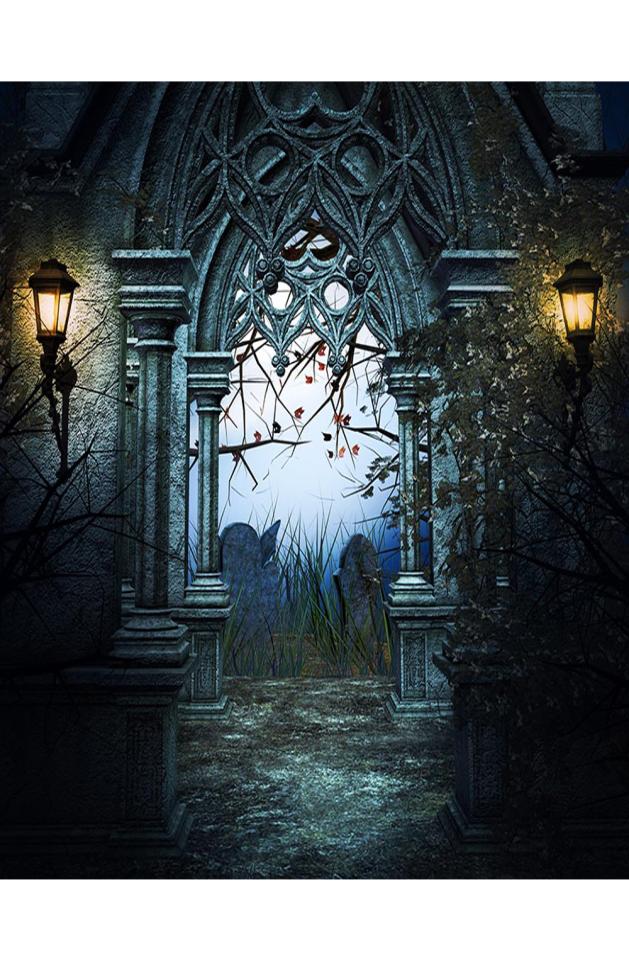 

Old Castle Arch Door Pography Backdrop Printed Tombstone Retro Lanterns Trees Horrible Night Halloween Party Po Background