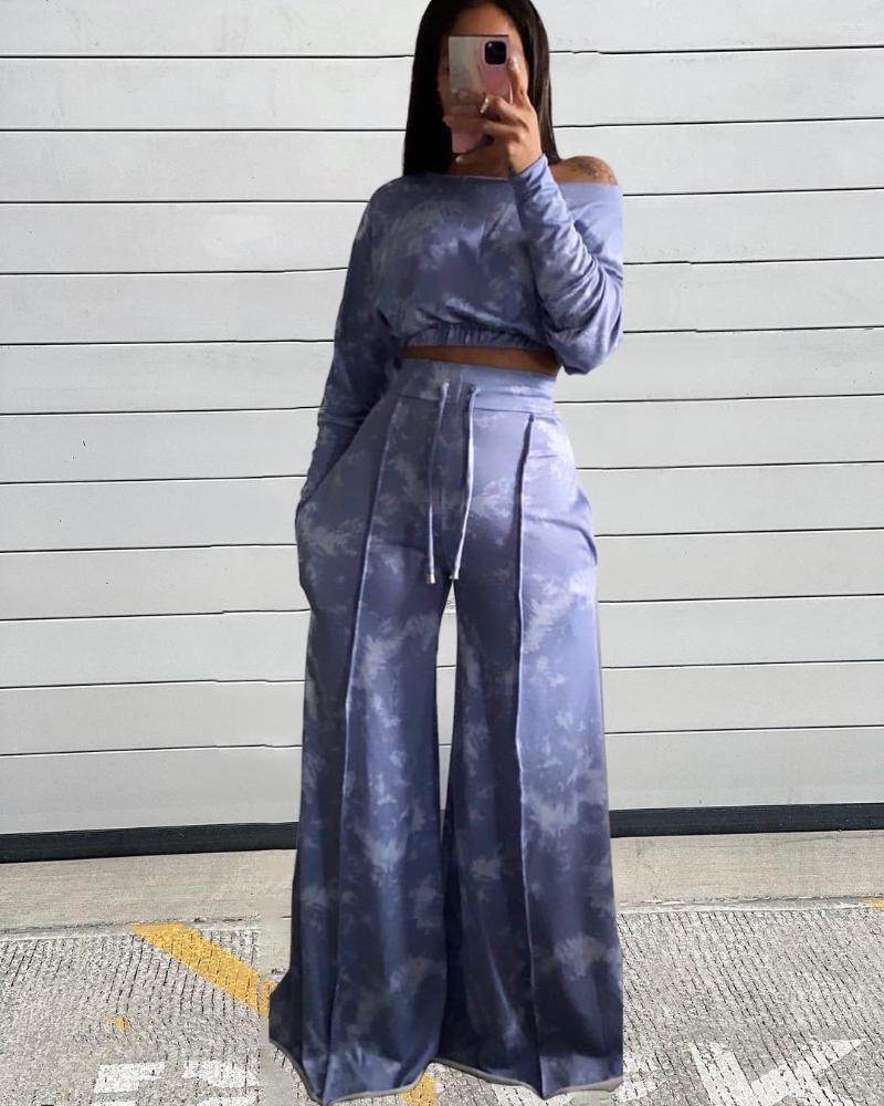 

Women's Two Piece Pants EWSFV 2022 Autumn And Winter Women Casual Fashion Tie Dye Long Sleeved Top Wide Leg Suit, Blue