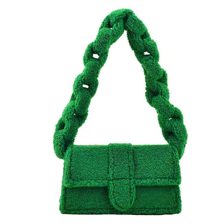 

Makeup bag imitation lamb hair fall winter solid color one shoulder portable small square bag designer handbag, Green