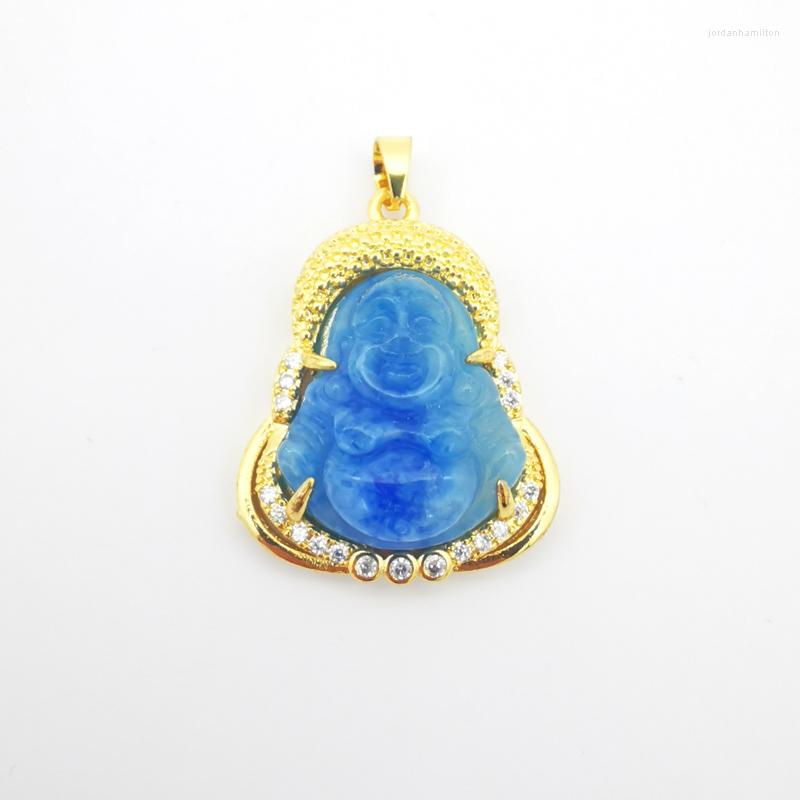 

Pendant Necklaces Charm 28X23MM Blue Green Jades Stone Carved Buddha Inlaid Rhinestone Buddhist Amulet Necklace 1PCS