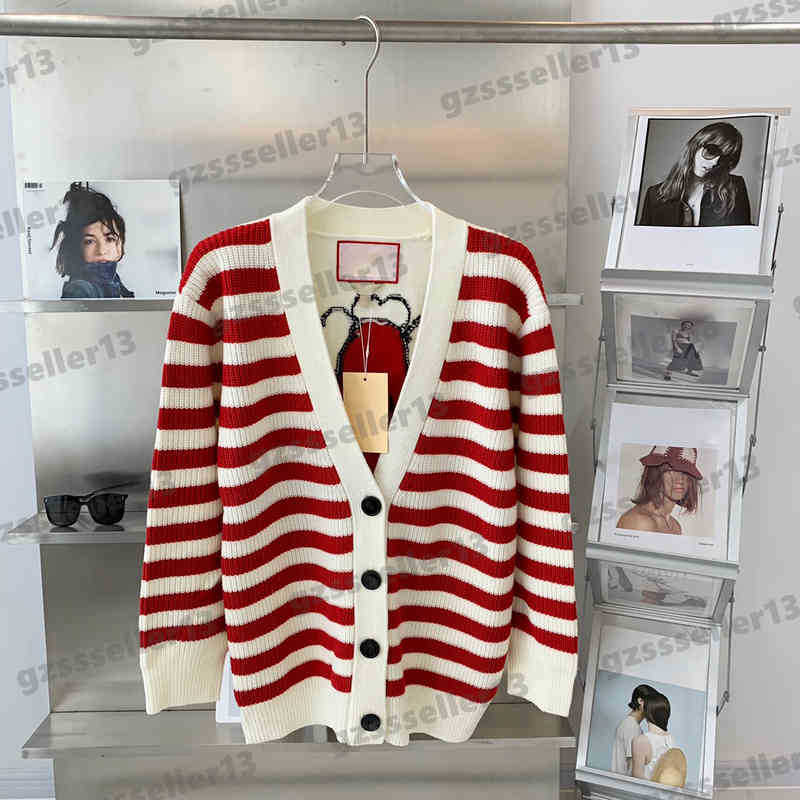 

Designer Cardigan Womens Sweaters Red Striped Panel V-Neck Cardigans Sweater 2022AW High Quality Button Cardigan Luxury Ladies Jackets Tops
