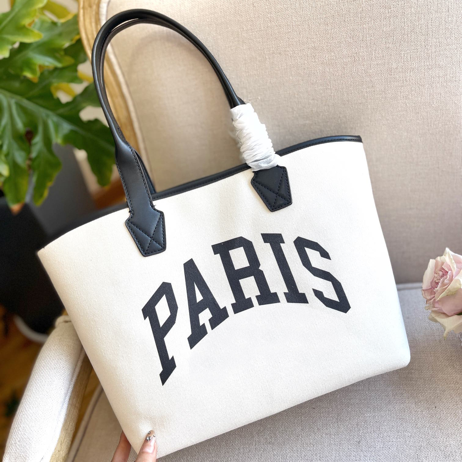 

Canvas Paris Shopping Pouch Women Tote Bags Designer Fashion Large Capacity Lady Shoulder Totes Summer Beach Bag Leather Handle Handbags, Black