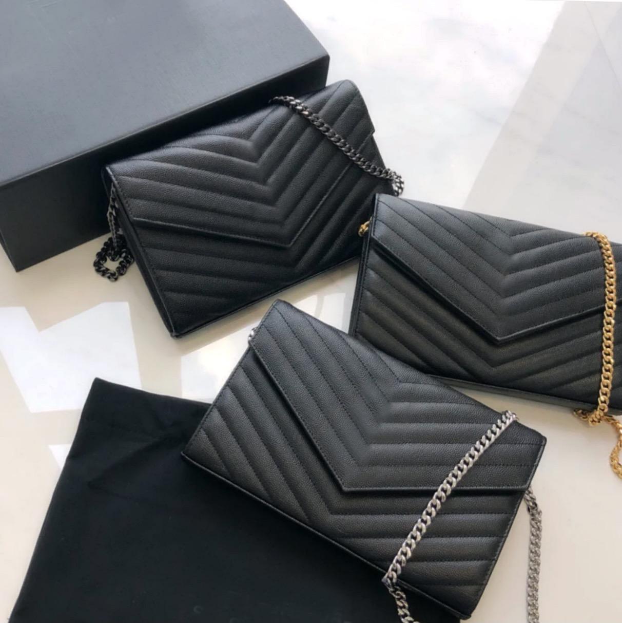 

Leather shoulder bags purse fashion clutch lady chain cowhide handbags presbyopic card holder purse messenger women cross body bag, Black and black chain