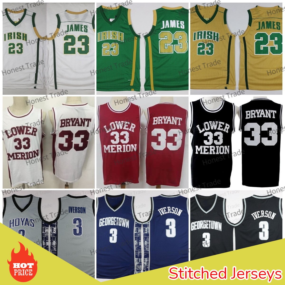 

NCAA 23 James Basketball Jersey St. Vincent Mary High School Irish Lower Merion Georgetown Hoyas Gray 3 Allen Iverson Green White Mens Stitched Jersesy, Men jersey