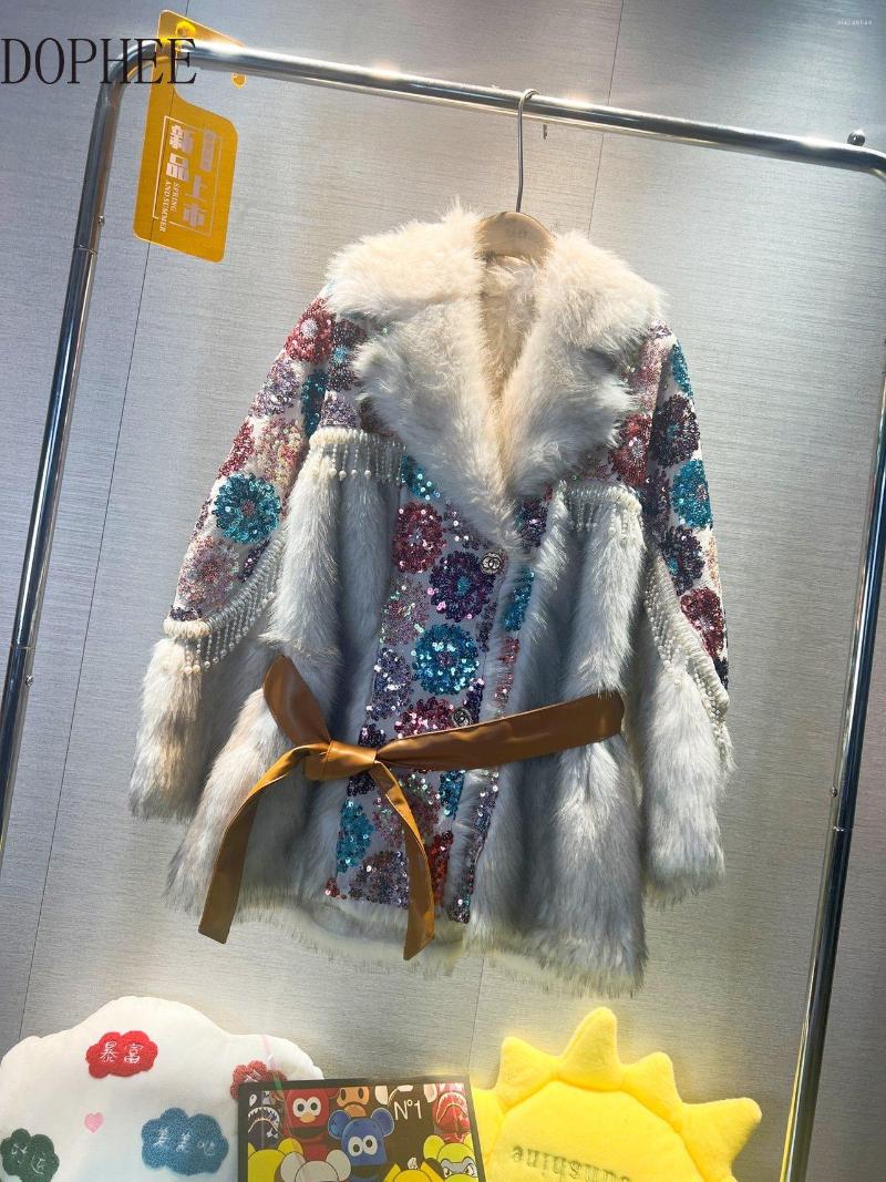 

Women's Fur 2022 Fashion Women Winter Overcoat Colorblock Bead Tassel Sequins Single-breasted Long Sleeve Faux Mink Jacket Coat, Photo color