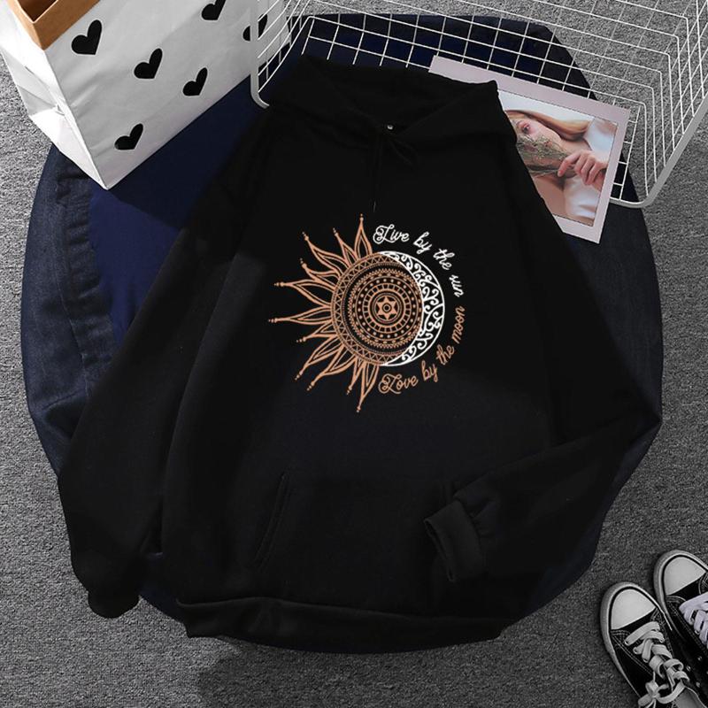 

Gym Clothing Women' Sun Moon Letter Printed Hoodies Long Sleeve Top Loose Hooded Sweatshirt With Large Front Pocket Sweatshirts Moletom, Black