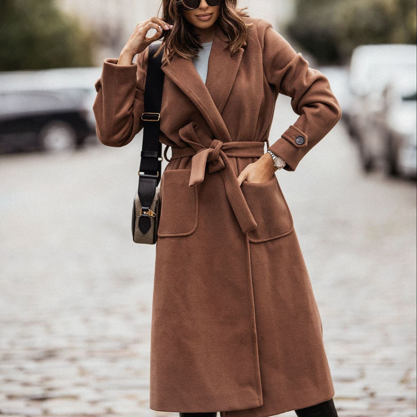 

Women' Wool Blends Winter Warm Windbreaker Coatfghf Black Long Sleeve Lace Up Elegant Jacket Female Autumn Fashion Csual Ladies Clothes 221125, Brown