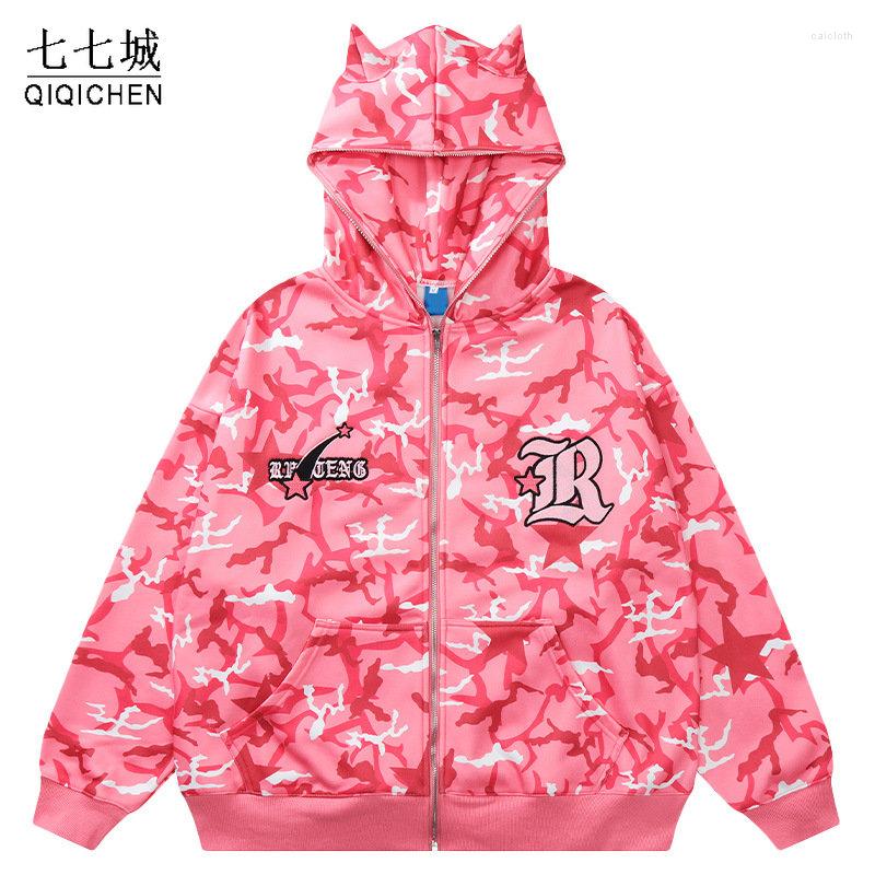 

Men's Hoodies Japanese Retro Zipper Men Autumn Devil's Horn Sweatshirts Camouflage Y2k Harajuku Spring Embroidery Jacket Unisex, Red