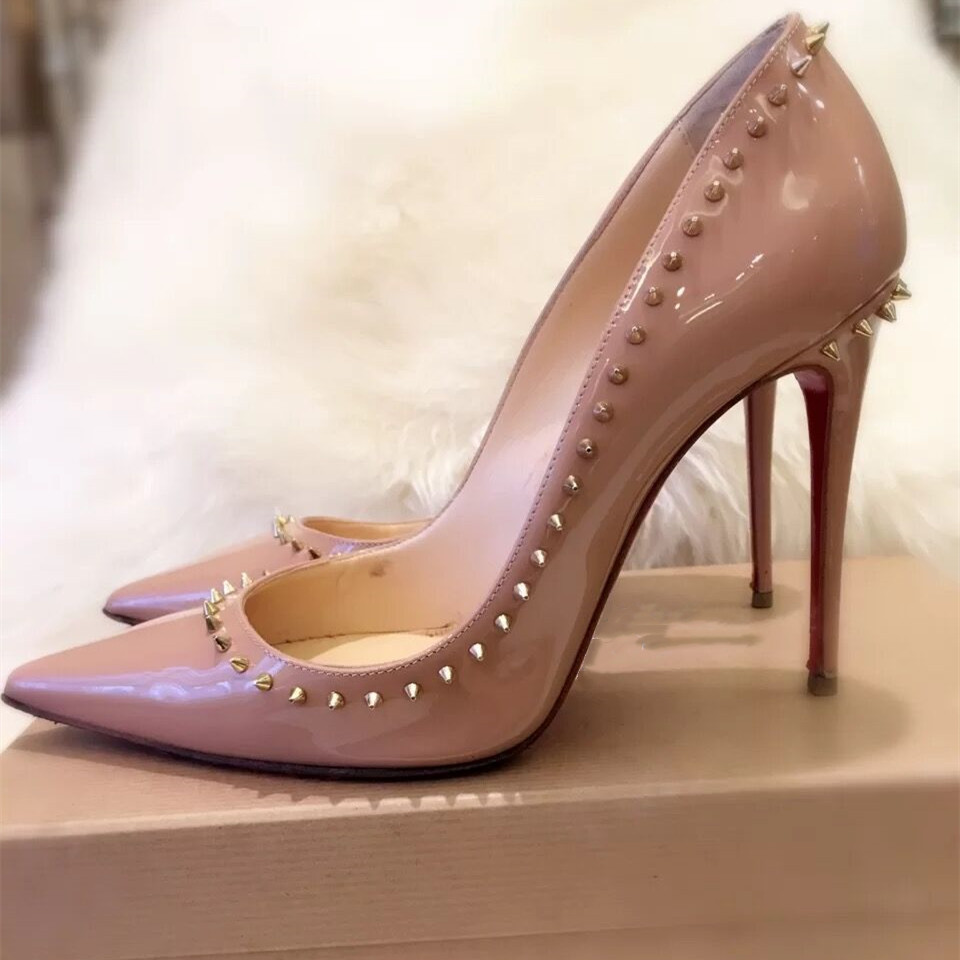 

High Heels Shoes Wedding Shoes Pumps Nude Patent Leather Rivets Spikes Poined Toes Women Lady Leathers Stiletto Heel Pump with Box 35-43, Black matte