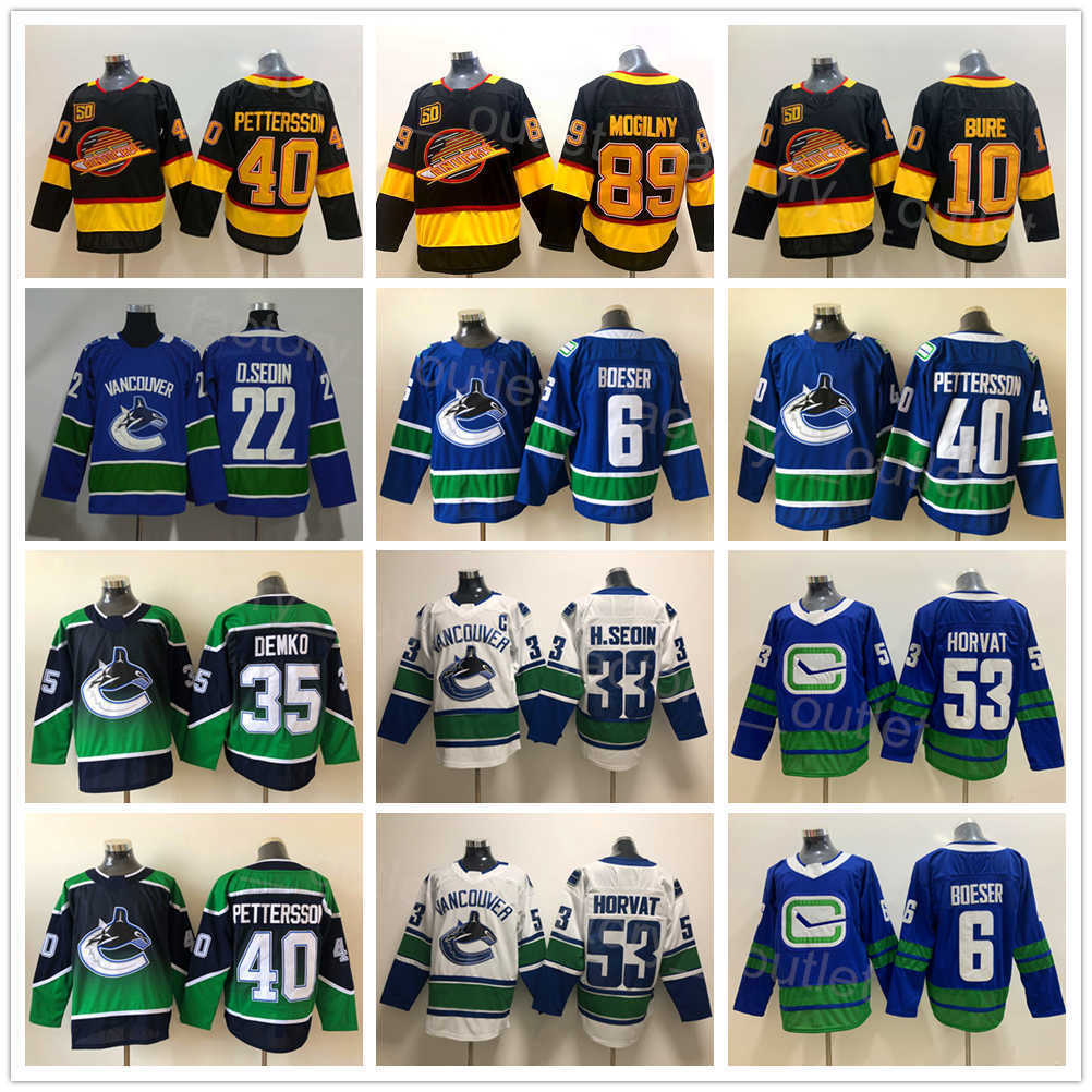 

Men Vancouver Hockey Canucks 53 Bo Horvat Jersey 6 Brock Boeser 40 Elias Pettersson 43 Quinn Hughes 35 Thatcher Demko 33 Henrik Sedin''Nhl''shirt, White