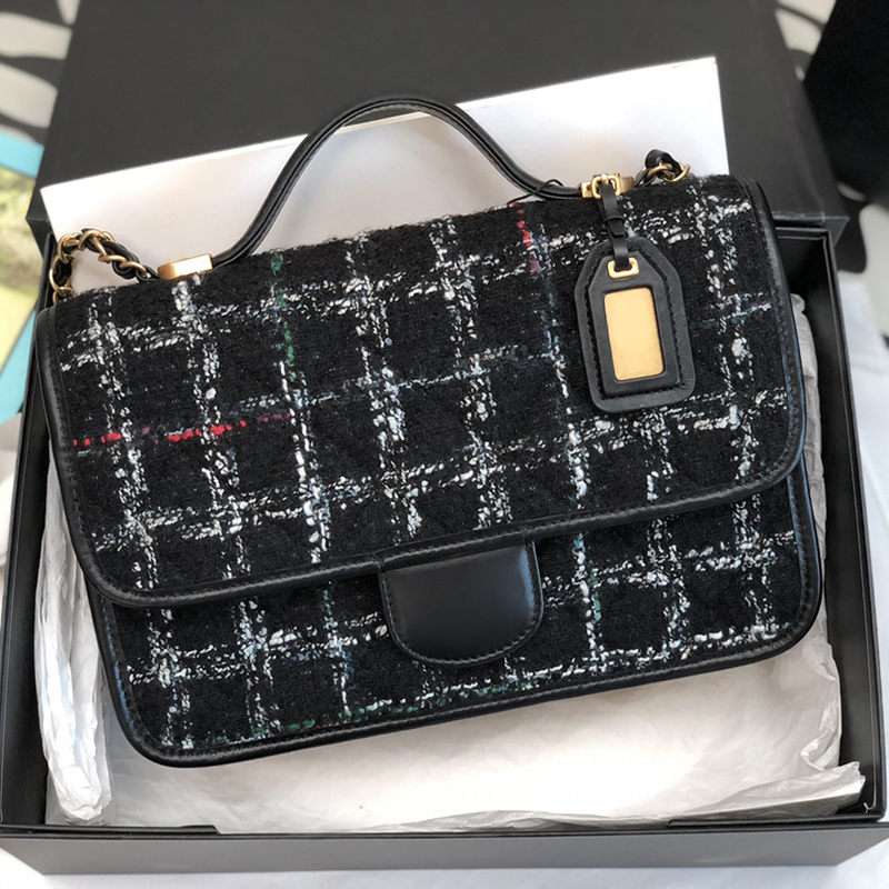 

10A Mirror quality Wool Tweed Small Flap Bag With Top Handle AS3653 Luxuries Designers Messenger Bags Grained Calfskin Handbag WithBox C164