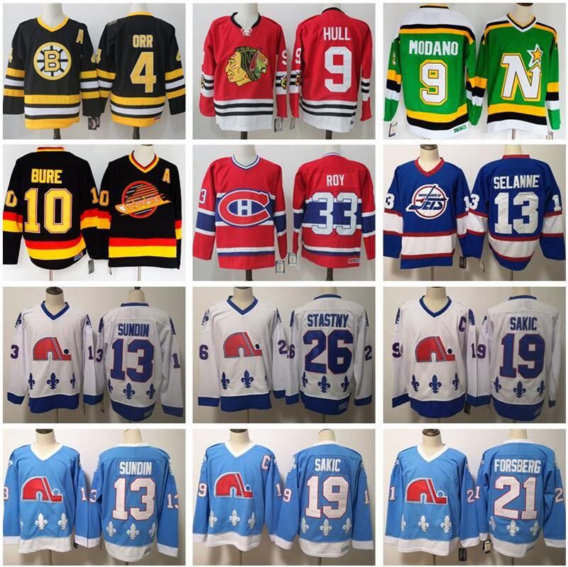 

Vintage Hockey Jersey 4 Bobby Orr 9 Hull Mike Modano 33 Patrick Roy 10 Pavel Bure 13 Teemu Selanne 19 Joe Sakic Peter Stastny 21 Forsberg, 9 bobby hull