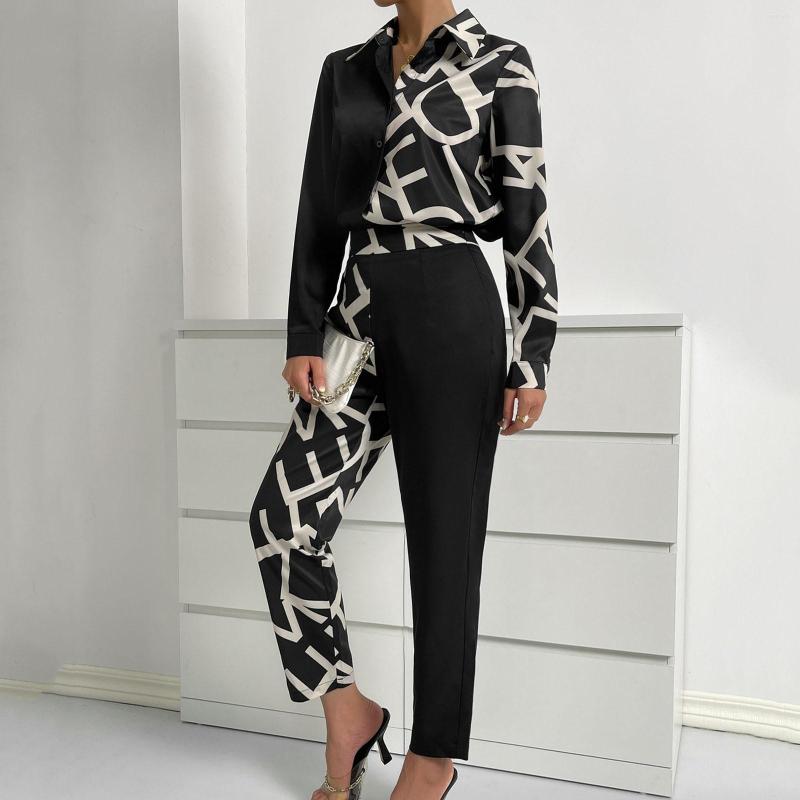 

Women' Tracksuits Women' Autumn And Winter Long Sleeve Lapel Printed Shirt Trousers Suit, Black