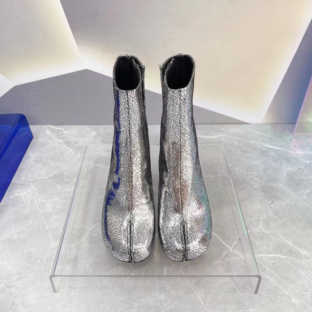

Split toe boots High Heels Silver Crackle pattern genuine leather Chunky Heel Fashion Boot Side buckle opening Calfskin Leather For Women Luxury Designer shoes, 1# heel height 8cm