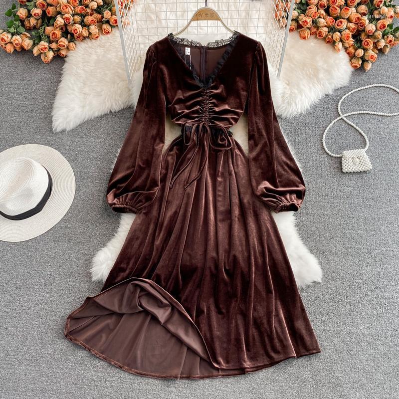 

Casual Dresses Aibeautyer Autumn Solid Slim Full Chiffon Lady Dress A Line Puff Sleeve Pullover Mid-Calf Women DressesCasual, Black