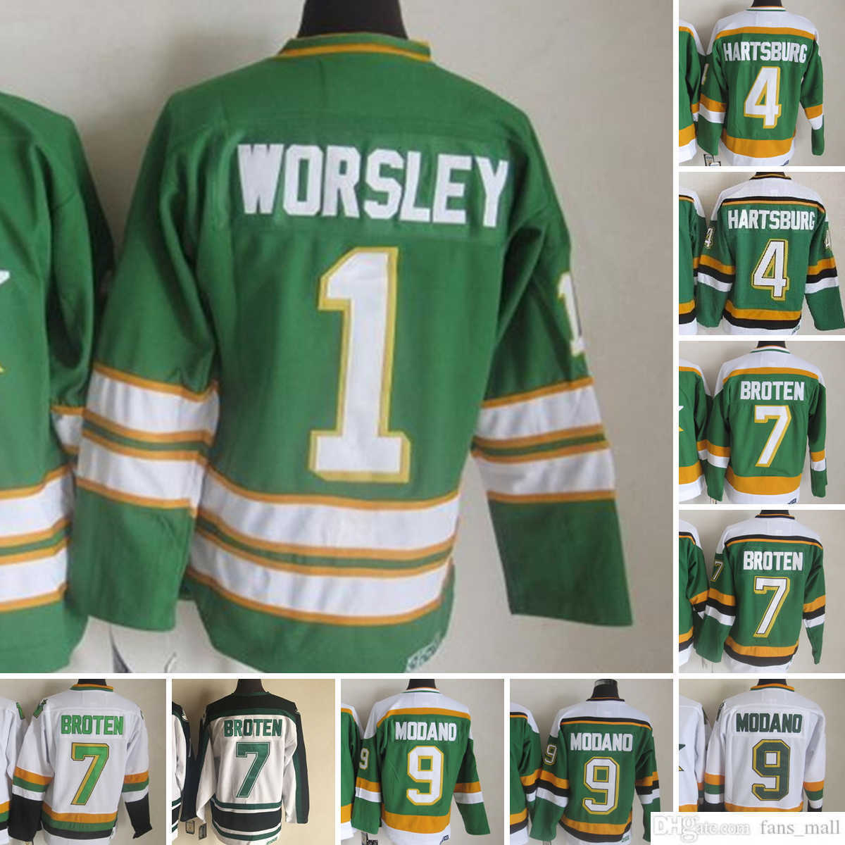 

Movie CCM Vintage Ice Hockey 9 Mike Modano Jerseys Stitched 7 Neal Broten 4 Craig Hartsburg 1 Gump Worsley Jersey Green White Men''Nhl''shirt, Separatejerseys. tell me on order